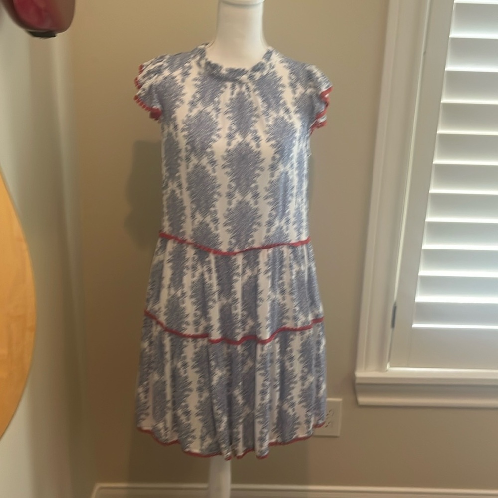 THML White and Blue Patterned Midi Dress with Red Trim